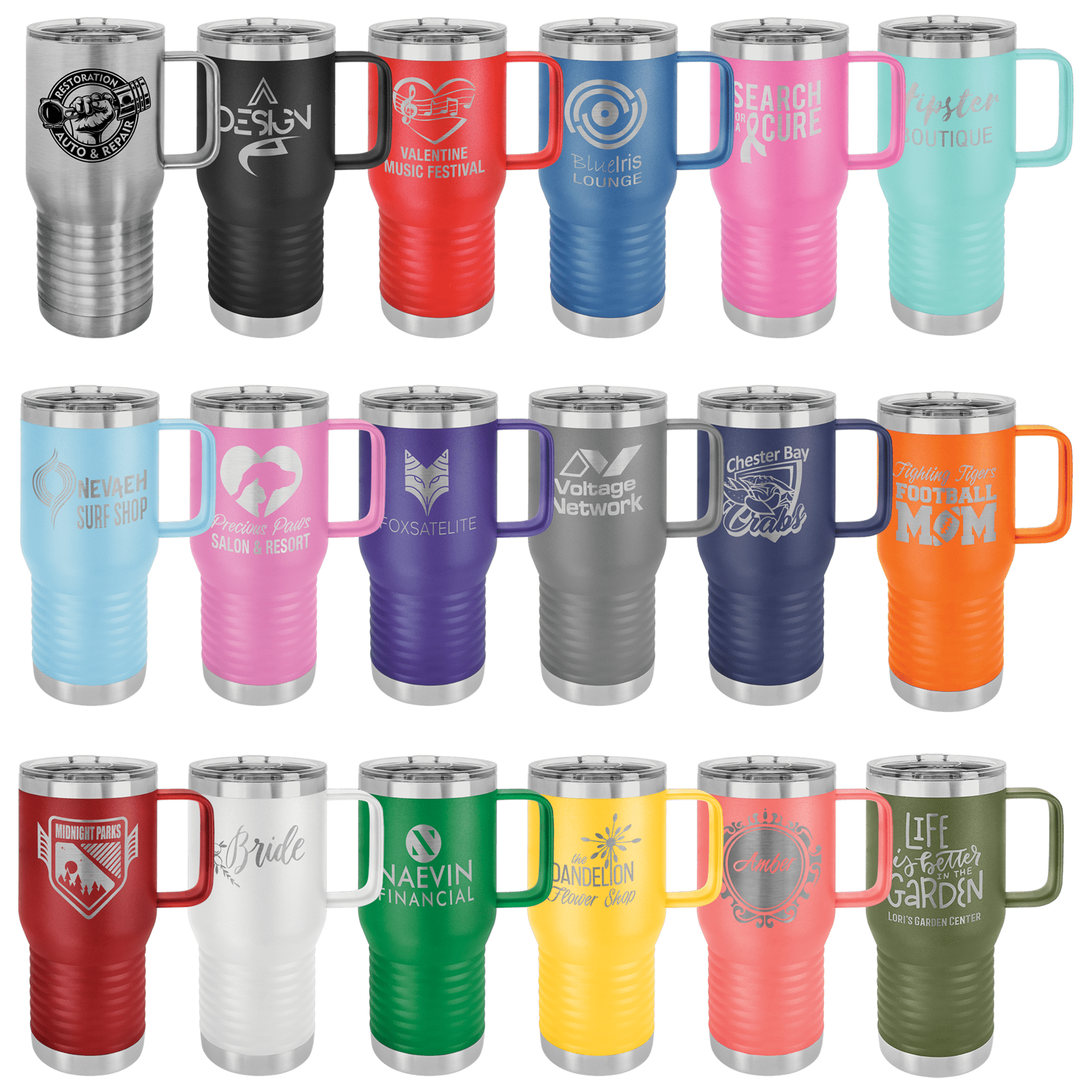 Group shot of tumblers in various colors, each engraved with different business logos, showcasing customization options.