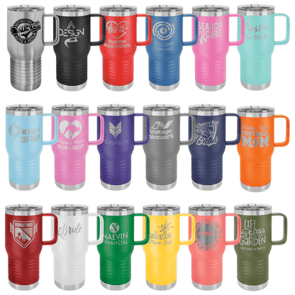 Group shot of tumblers in various colors, each engraved with different business logos, showcasing customization options.