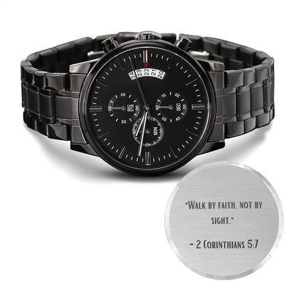 Jewelry Black Chronograph Watch - "Walk by Faith, Not by Sight" - 2 Corinthians 5:7 - Inspirational Timepiece ShineOn Fulfillment