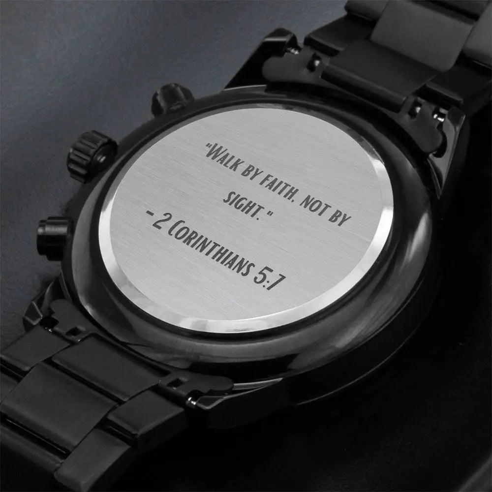 Jewelry Black Chronograph Watch - "Walk by Faith, Not by Sight" - 2 Corinthians 5:7 - Inspirational Timepiece ShineOn Fulfillment