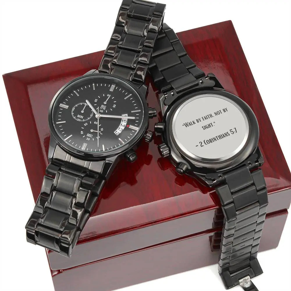 Jewelry Black Chronograph Watch - "Walk by Faith, Not by Sight" - 2 Corinthians 5:7 - Inspirational Timepiece ShineOn Fulfillment