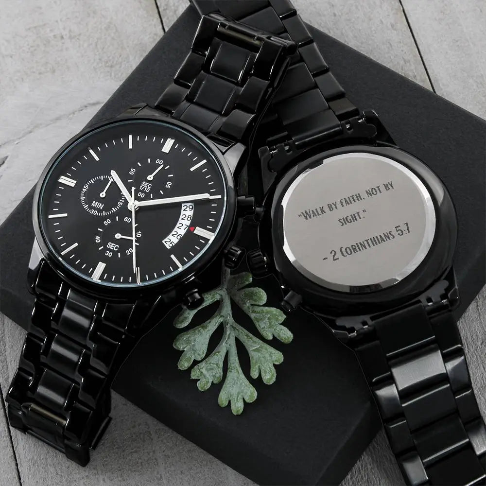 Jewelry Black Chronograph Watch - "Walk by Faith, Not by Sight" - 2 Corinthians 5:7 - Inspirational Timepiece ShineOn Fulfillment