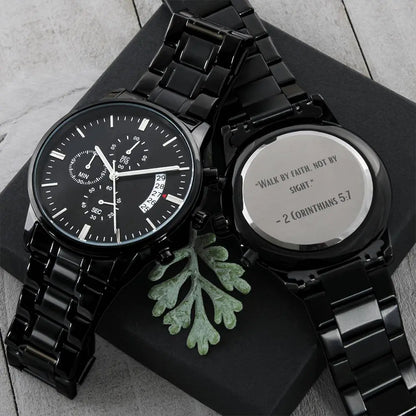 Jewelry Black Chronograph Watch - "Walk by Faith, Not by Sight" - 2 Corinthians 5:7 - Inspirational Timepiece ShineOn Fulfillment