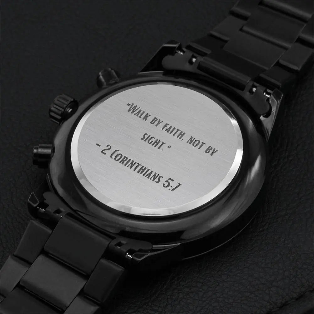 Jewelry Black Chronograph Watch - "Walk by Faith, Not by Sight" - 2 Corinthians 5:7 - Inspirational Timepiece ShineOn Fulfillment