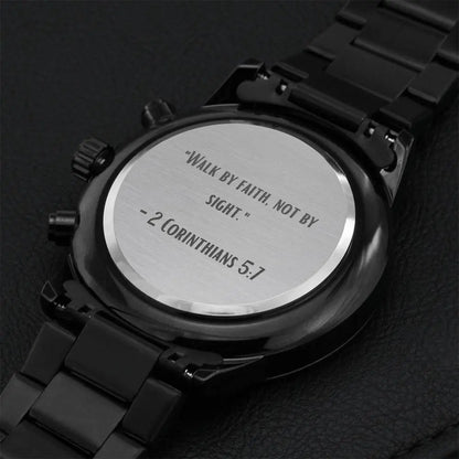 Jewelry Black Chronograph Watch - "Walk by Faith, Not by Sight" - 2 Corinthians 5:7 - Inspirational Timepiece ShineOn Fulfillment