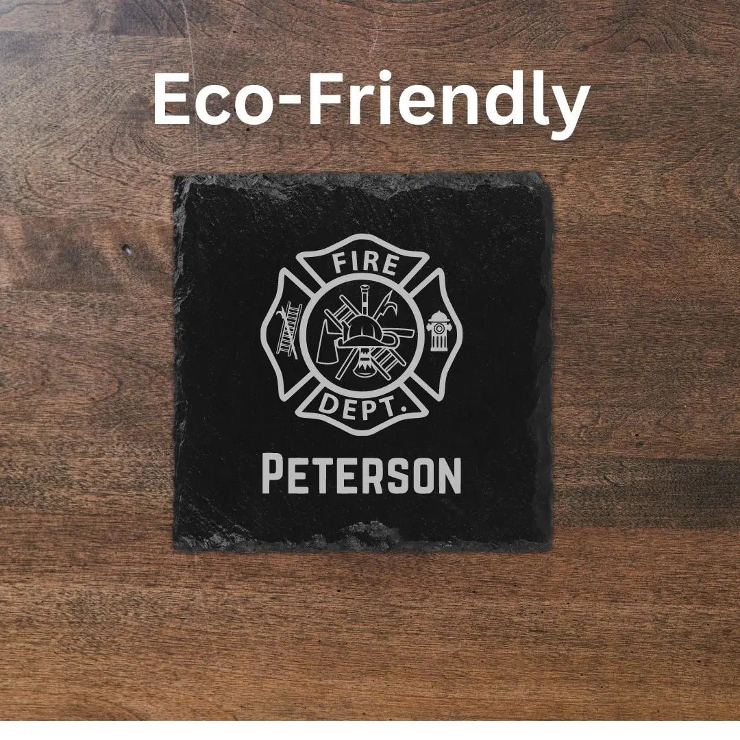 Coaster Custom Firefighter Slate Coaster - Personalized Firefighter Gift - Firefighter Decor - Add Name or Badge Number beardedcustomsco