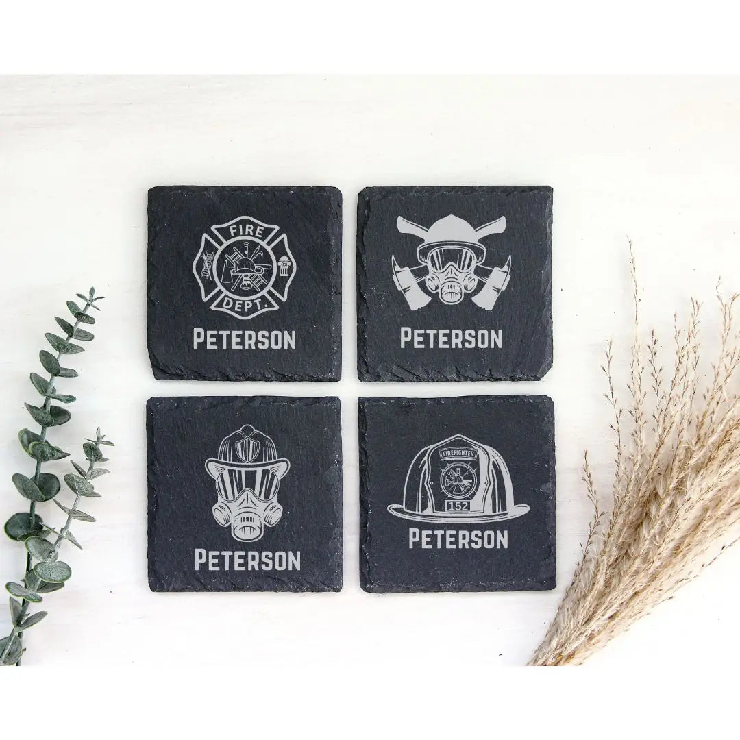 Coaster Custom Firefighter Slate Coaster - Personalized Firefighter Gift - Firefighter Decor - Add Name or Badge Number beardedcustomsco