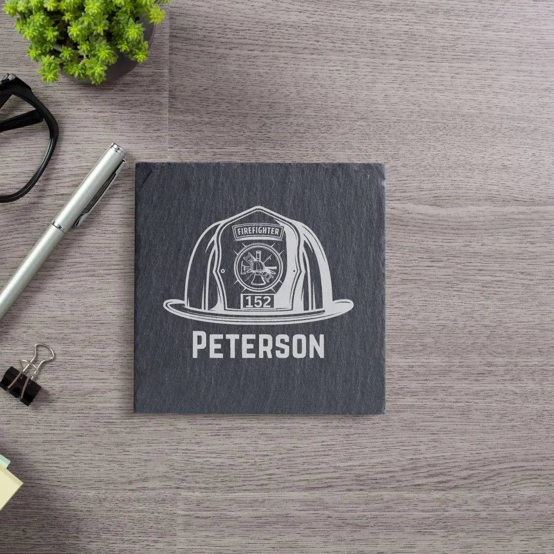 Coaster Custom Firefighter Slate Coaster - Personalized Firefighter Gift - Firefighter Decor - Add Name or Badge Number beardedcustomsco