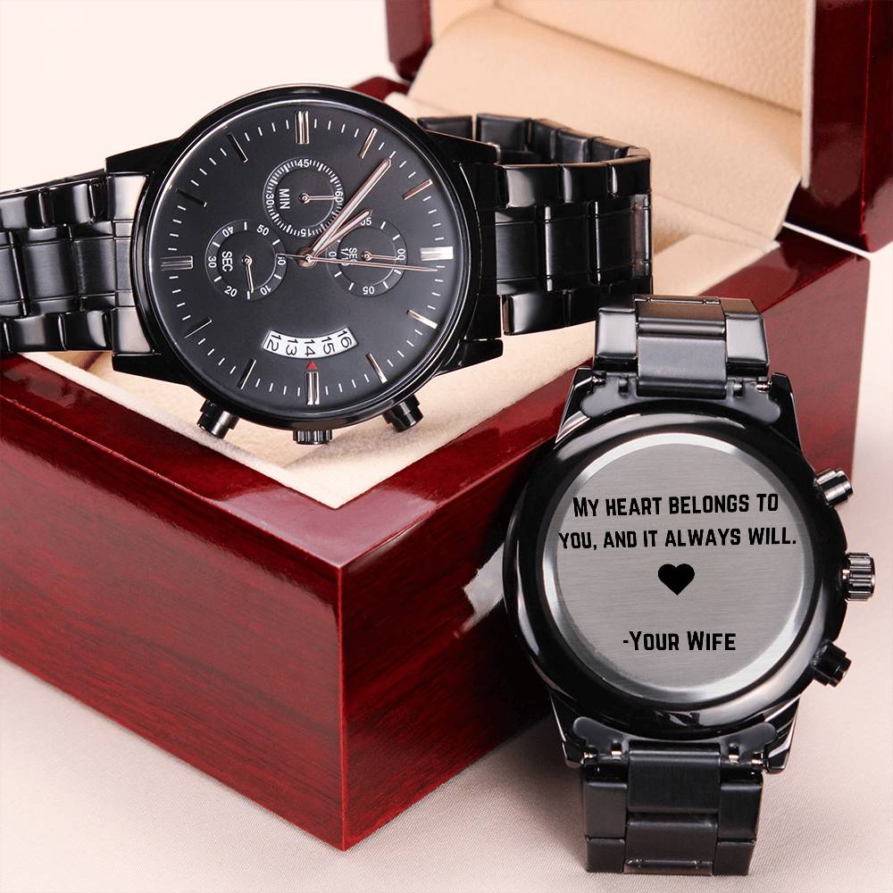 Jewelry My Heart Belongs To You Engraved Black Chronograph Watch for Men | Engraved Watch Men, Engraved Mens Watch, Personalized Watch ShineOn Fulfillment
