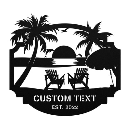 Wall Art Custom Beach Decor | Nautical Decor | Lake House Decor | Summer Beach House Sign | Metal Coastal Decor | Outdoor Sign Sunset Beach Monogram teelaunch